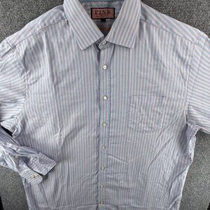 Thomas Pink Men Long Sleeve Button Up Shirt Cotton Pink Blue Striped 17.5 35.5